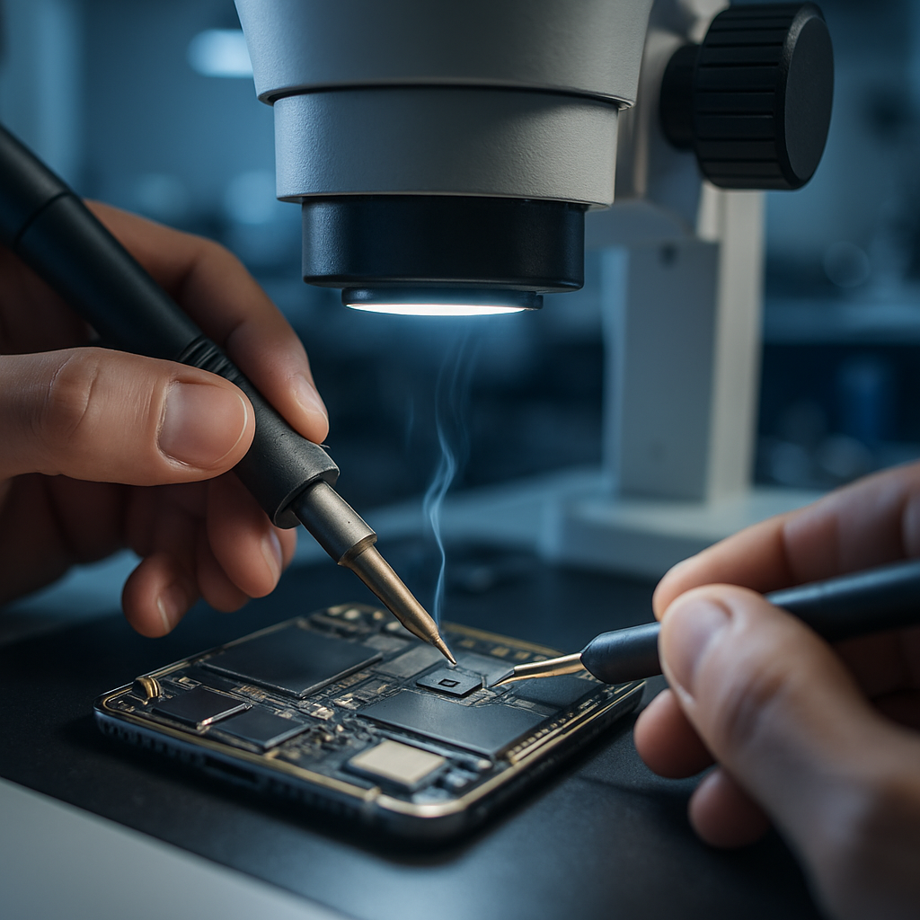 Technicien EasyFix effectuant une réparation par micro-soudure sous microscope